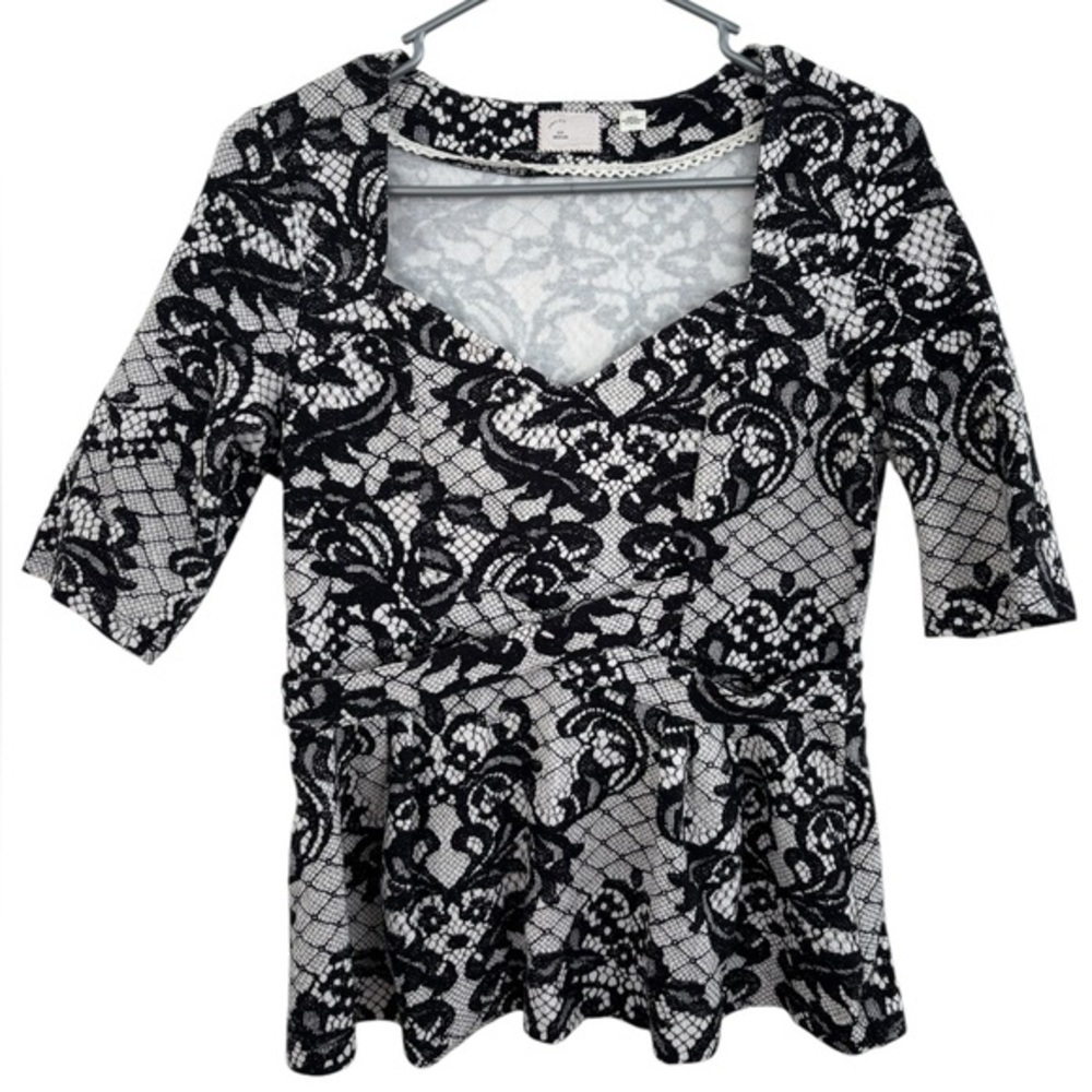 Anthropologie Postmark Leia‎ Peplum Lace Flower Boho Black and White Size Medium